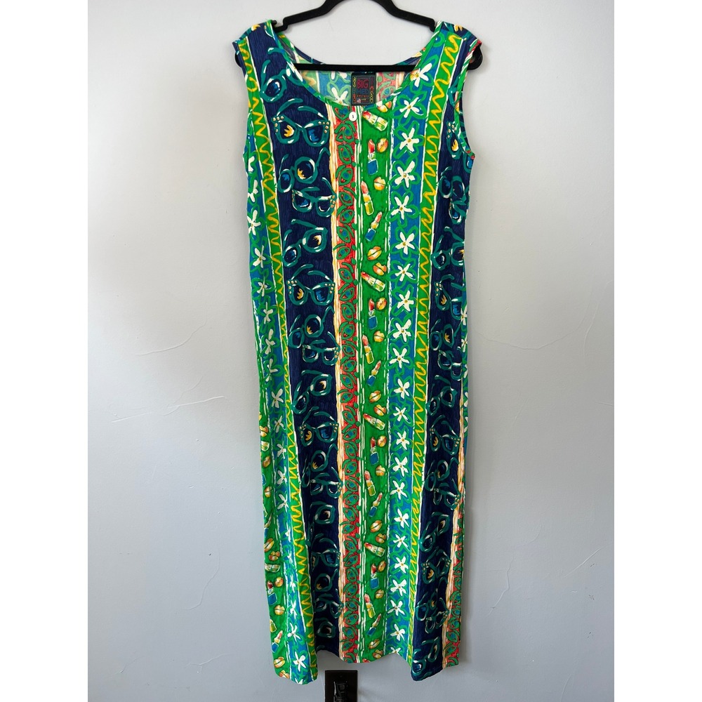 Vintage BIG HED Designs Sleeveless Maxi Dress‎ SZ L Vibrant Print Vacation